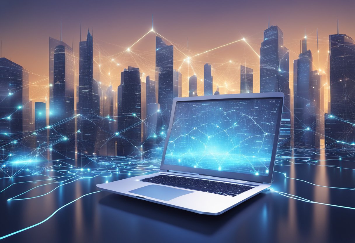 A futuristic city skyline with high-tech laptop devices connected to a network of glowing data streams, symbolizing connectivity and expansion in the field of programming