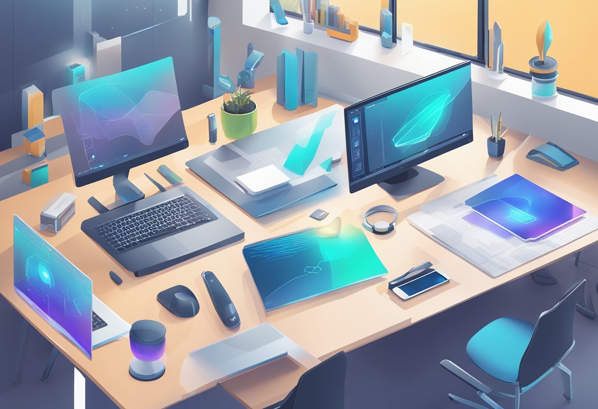 A group of futuristic AI tools arranged neatly on a sleek, modern desk in a bright, open office space