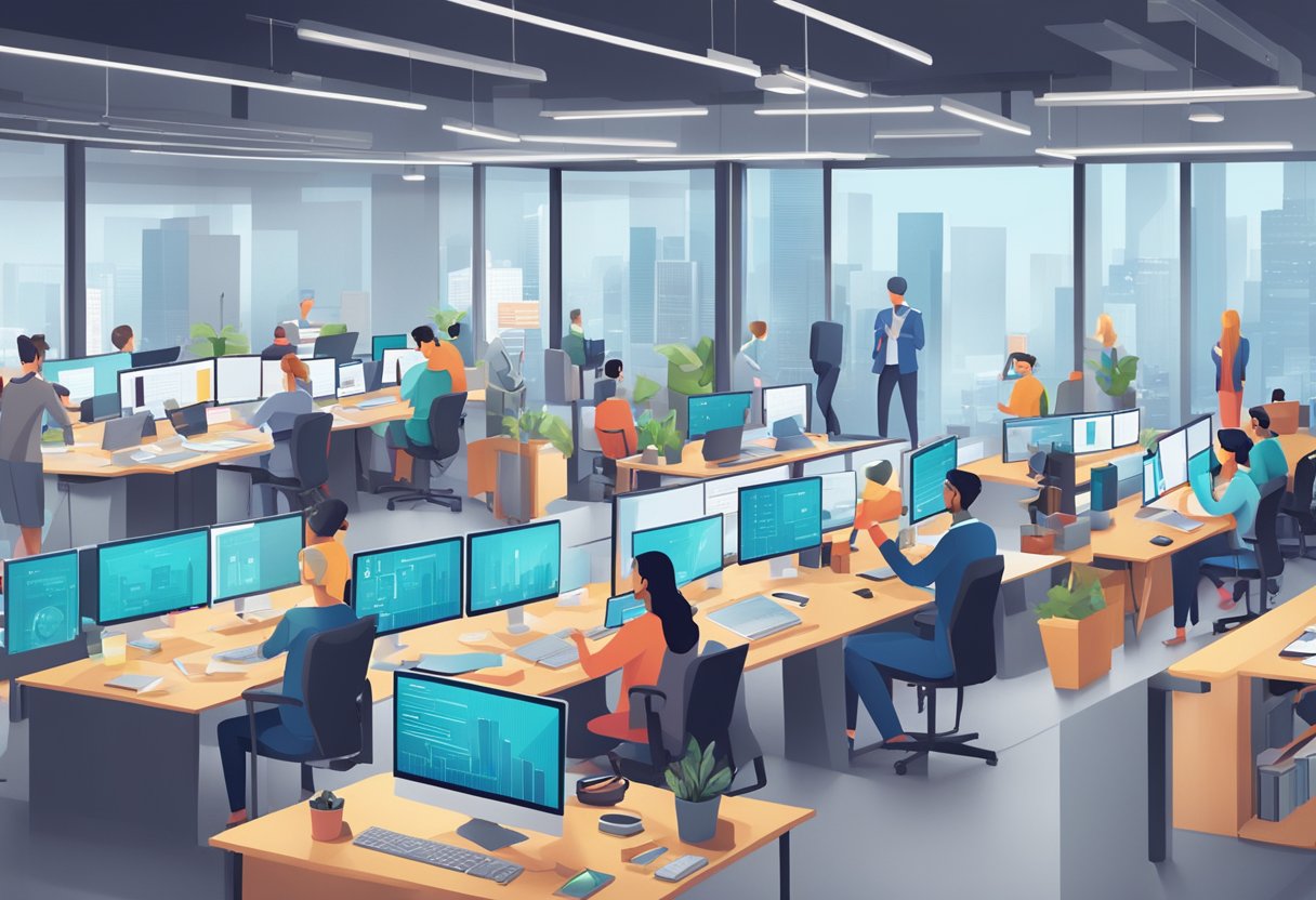 A bustling office with employees utilizing AI software on computers, while facing challenges such as data privacy and implementation