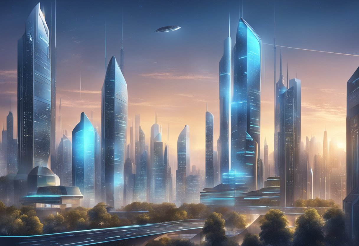 A futuristic city skyline with advanced digital security systems and data encryption technology integrated into the architecture