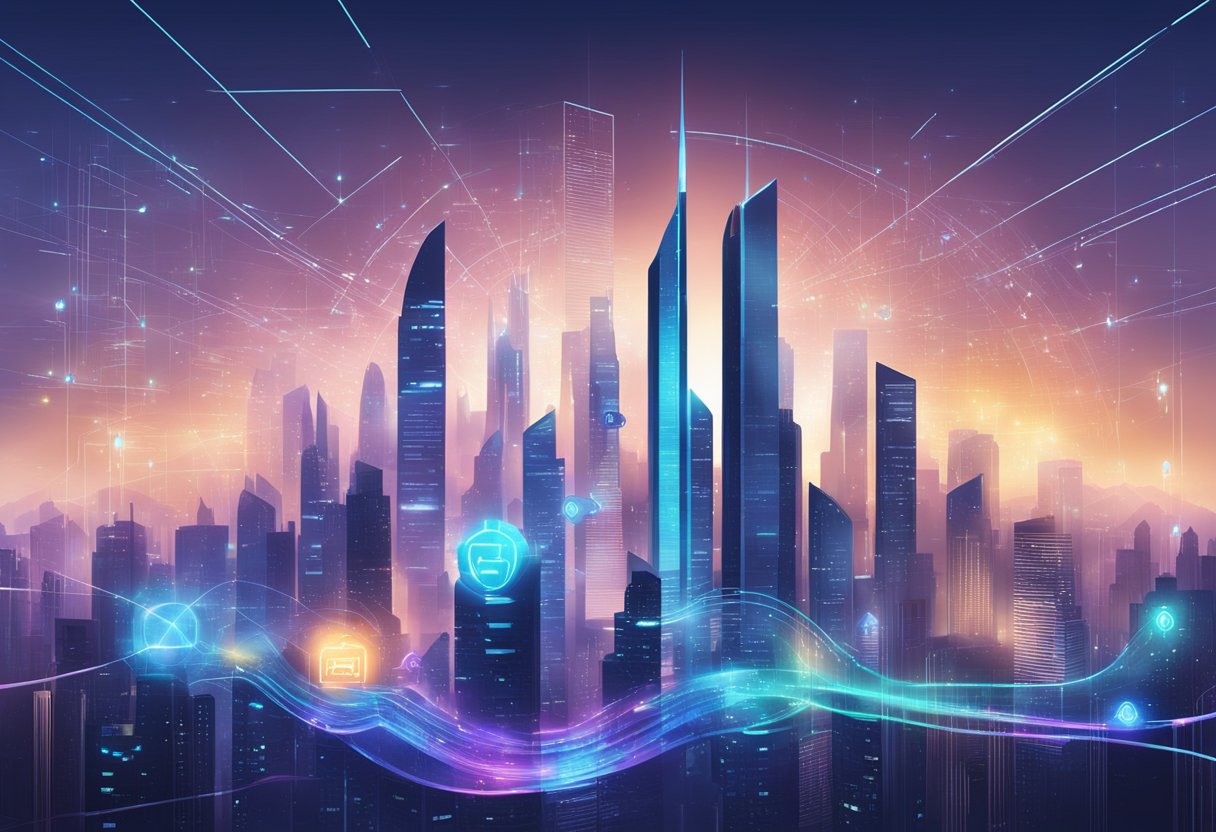 A futuristic city skyline with digital security symbols and data streams weaving through skyscrapers