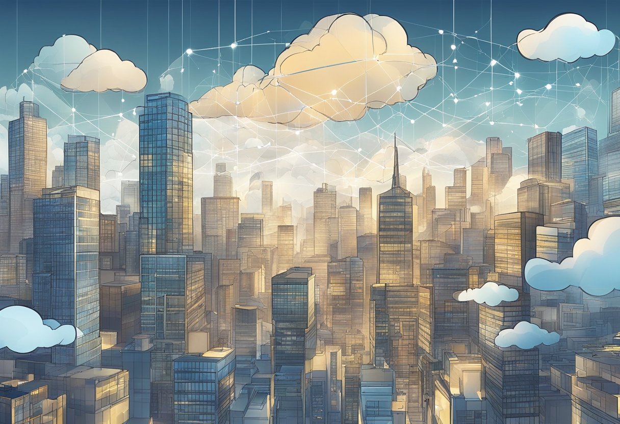 A group of interconnected clouds hovering over a city skyline, with data flowing between them and various businesses below benefiting from their services