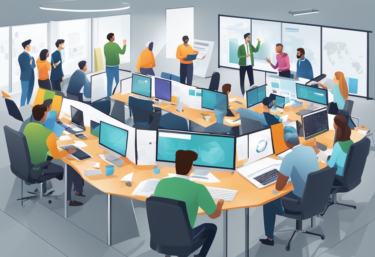 A group of individuals brainstorming and collaborating in a modern office space filled with whiteboards, computers, and innovative technology