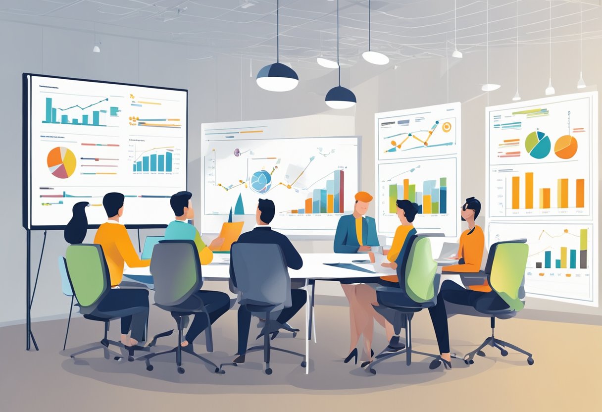 A group of people in a meeting room, discussing and brainstorming ideas on a whiteboard, with charts and graphs displayed on the wall