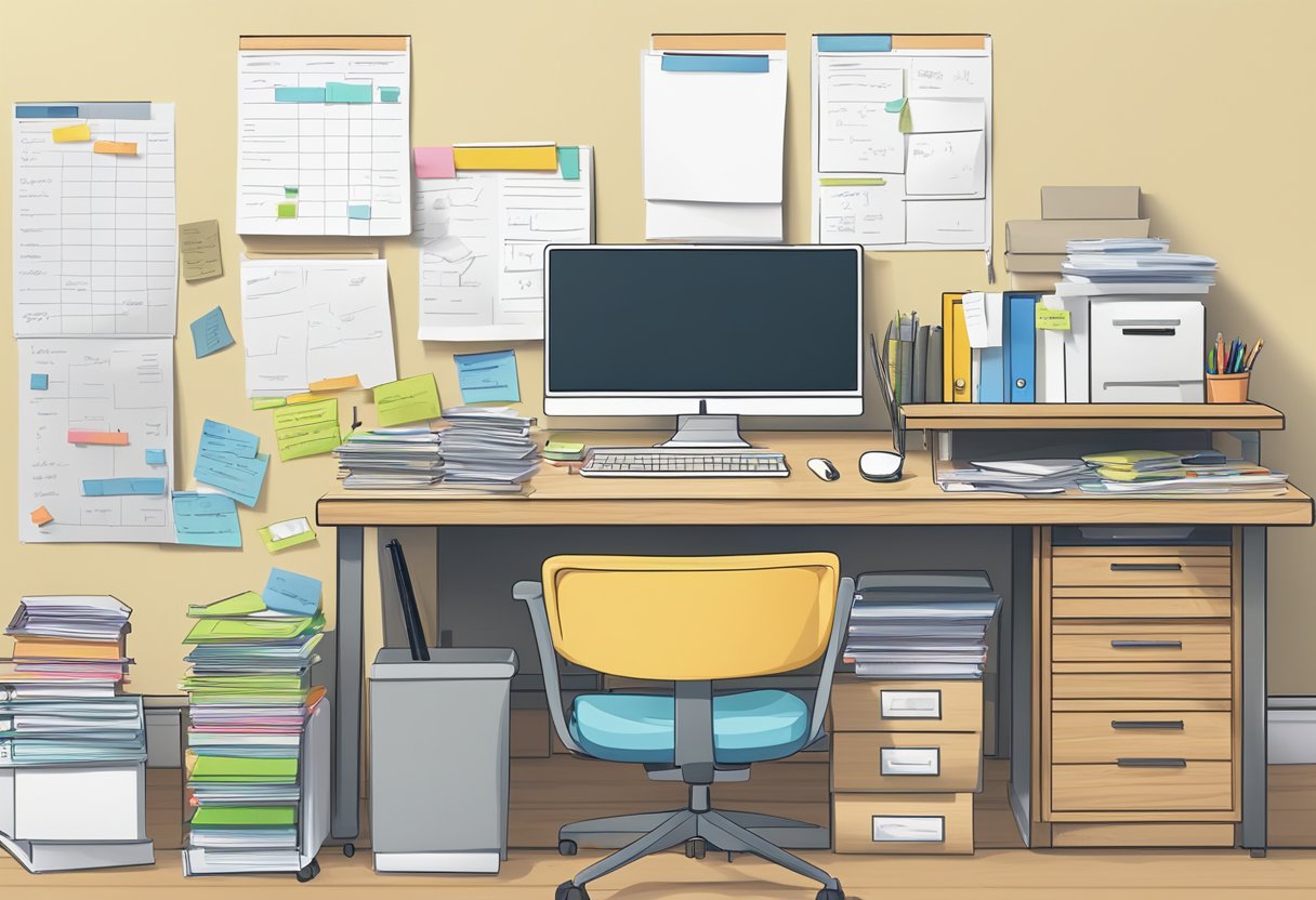 A cluttered desk with a computer, notebook, and pen. A whiteboard with project timelines and sticky notes. An organized file cabinet in the background