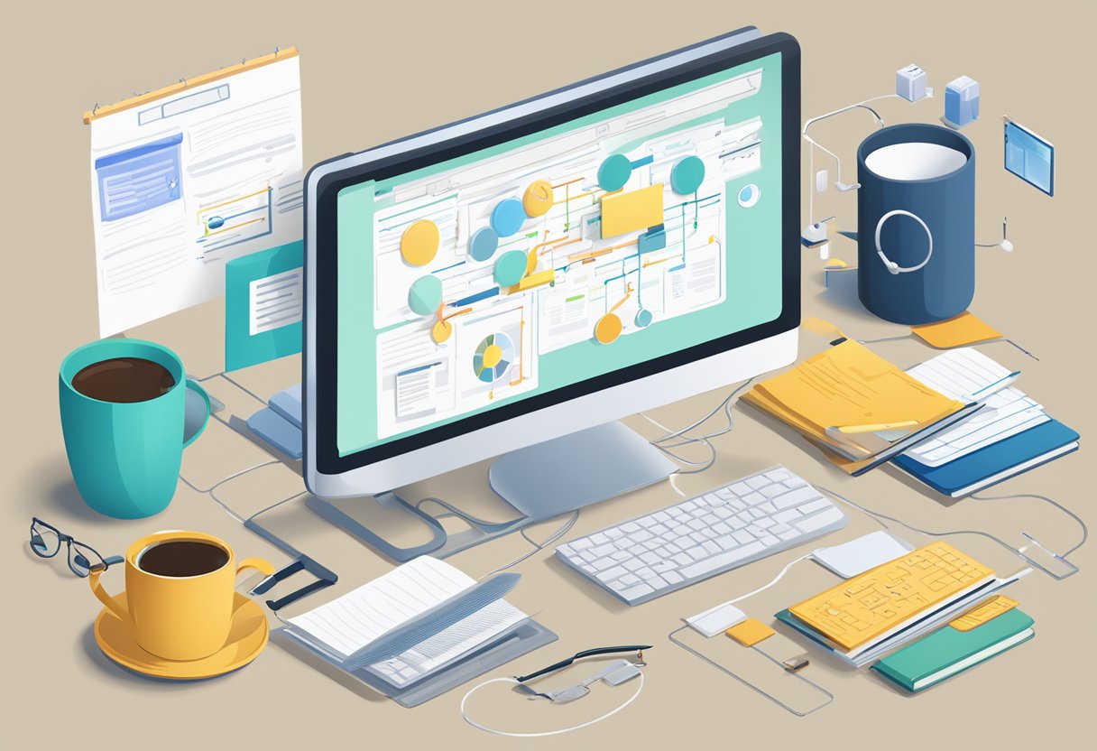 A computer screen displaying a flowchart of interconnected tasks and timelines, surrounded by various office supplies and a cup of coffee