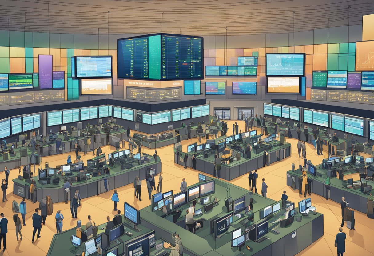 A bustling stock exchange floor with traders and screens displaying tech stock prices