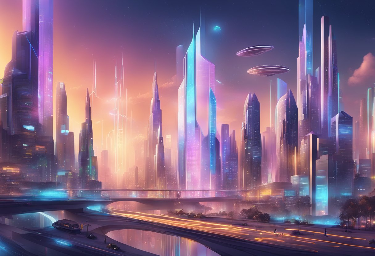 A futuristic cityscape with holographic interfaces and advanced technology, showcasing the latest web development trends for 2024