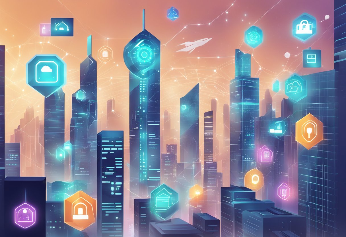 A futuristic cityscape with digital security symbols and web development icons floating in the air