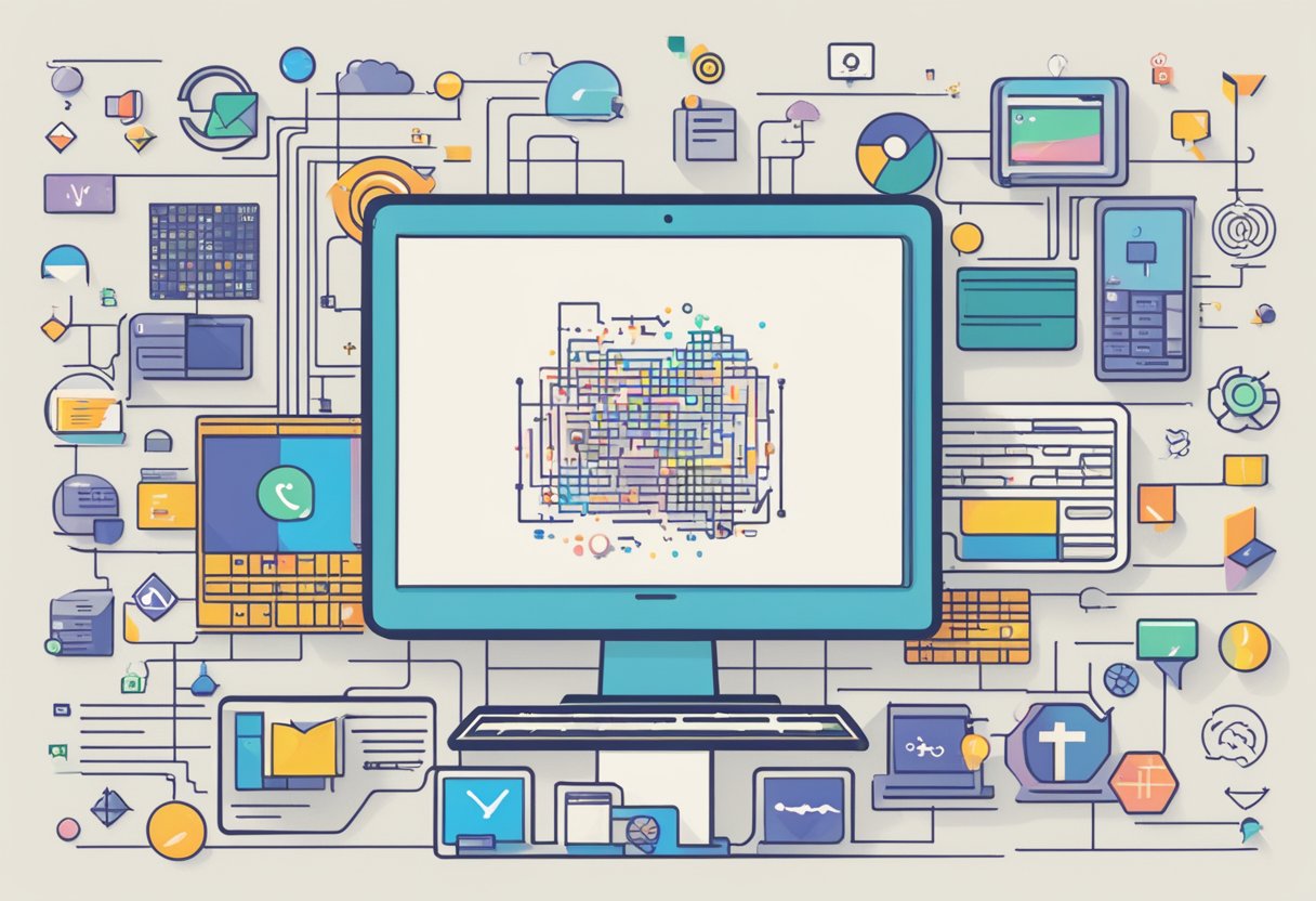 A computer screen surrounded by various programming language logos, with a graph showing their current popularity trends