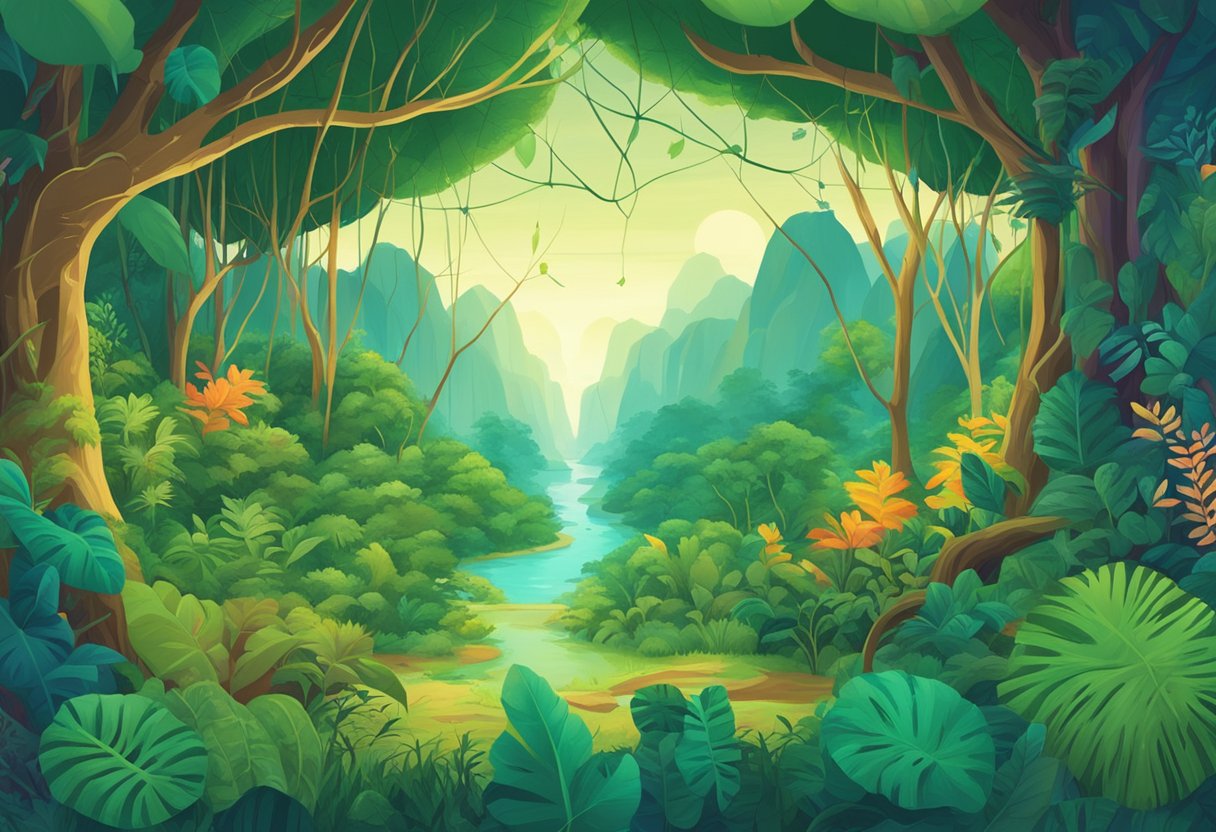 A vibrant jungle with 10 unique ecosystems, each representing a different programming language, surrounded by a framework of interconnected vines and branches