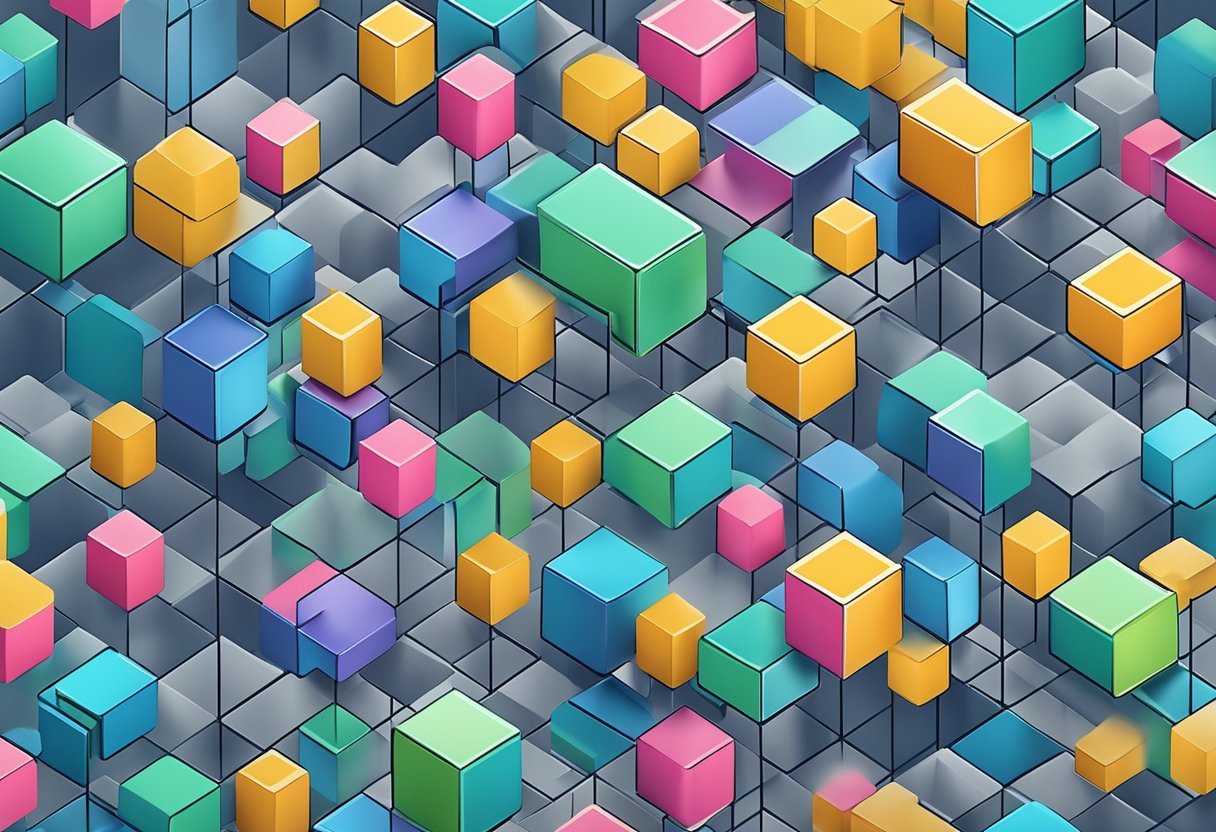 A network of interconnected blocks forming a chain, each block containing encrypted data, with nodes validating and adding new blocks to the chain