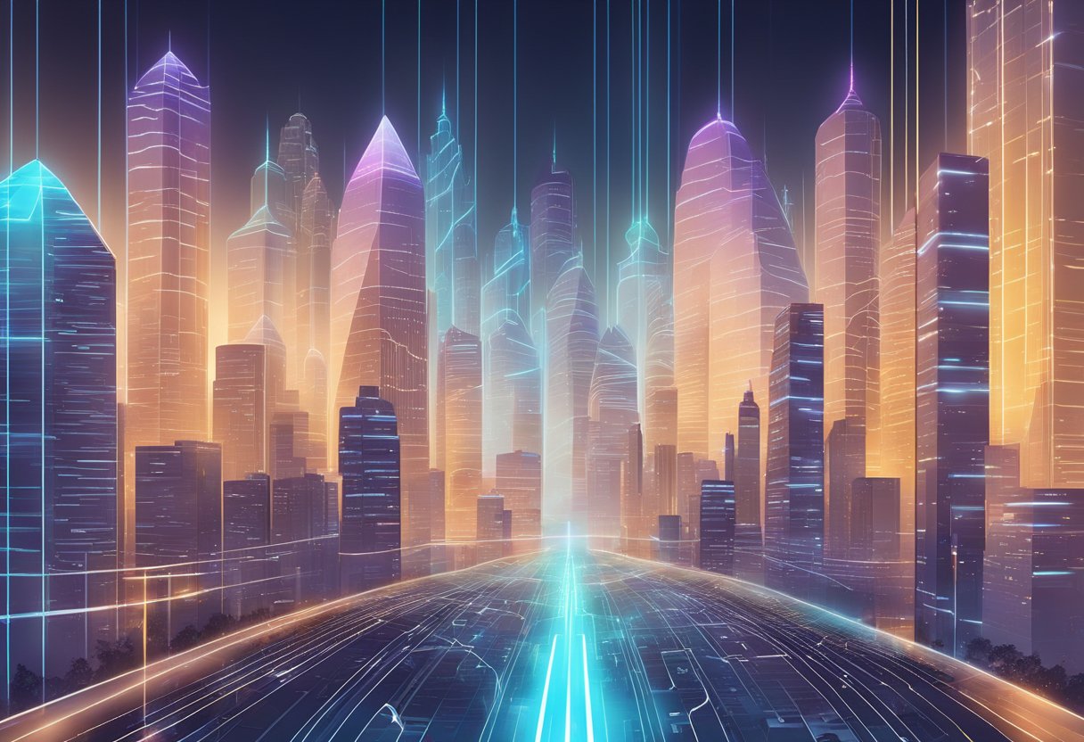 A futuristic city skyline with data streams connecting to secure servers