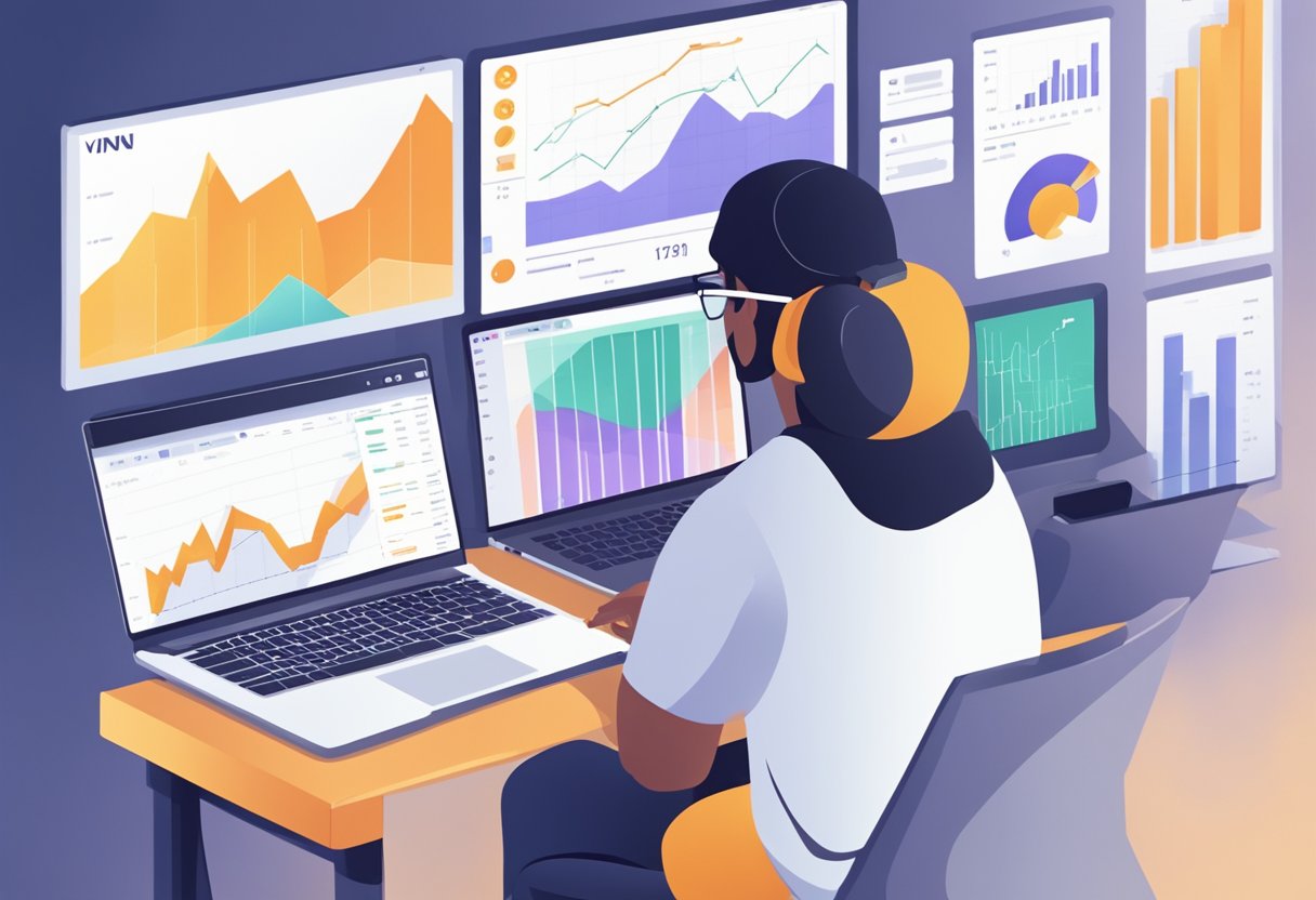 A person sitting at a desk with a laptop open, surrounded by charts and graphs related to VPN price and investment options