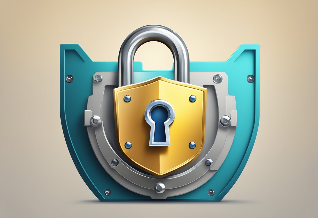 A padlock with a shield icon surrounded by a digital lock and key, with a shield in the background