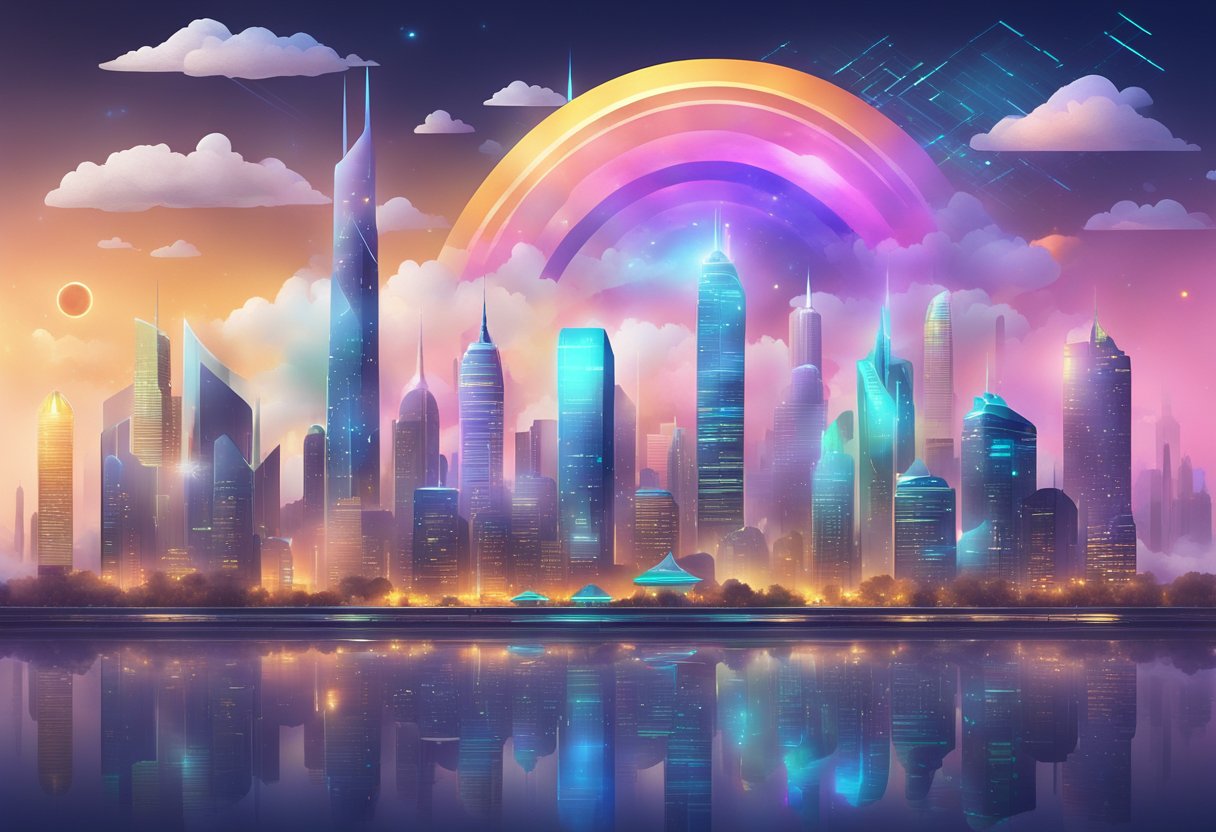 A futuristic city skyline with holographic clouds displaying the logos of top cloud storage providers for 2024