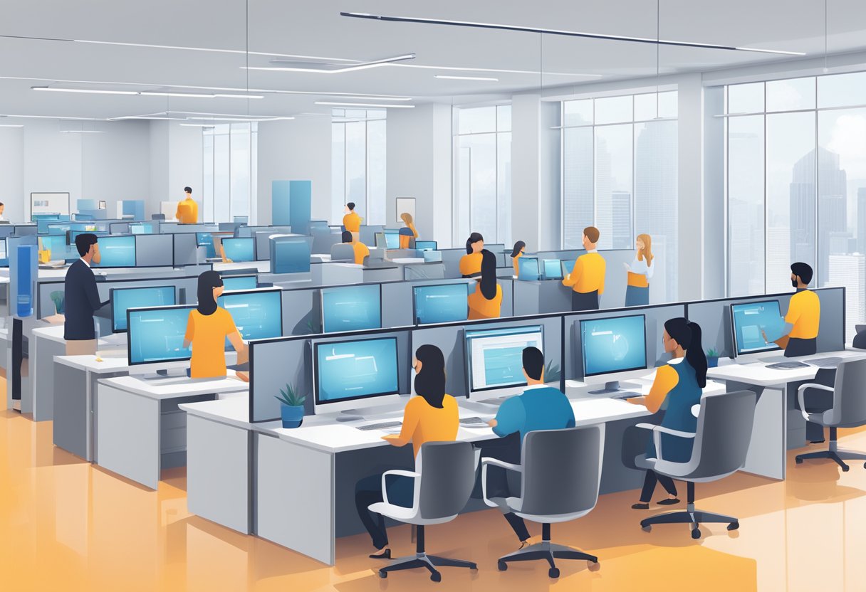 A sleek, modern office setting with rows of computer servers and a team of customer support representatives assisting clients with cloud storage options