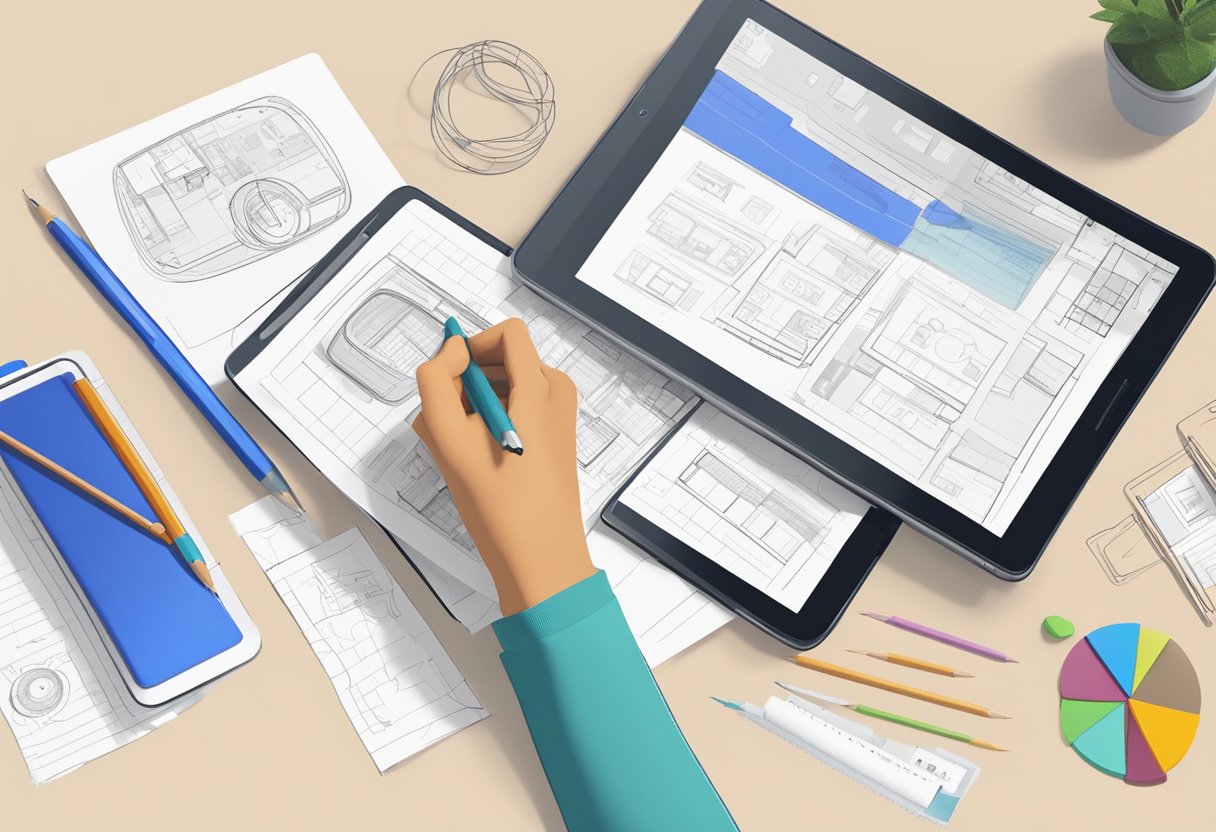 A person sketching a wireframe of a mobile app on a tablet, surrounded by design tools and notes