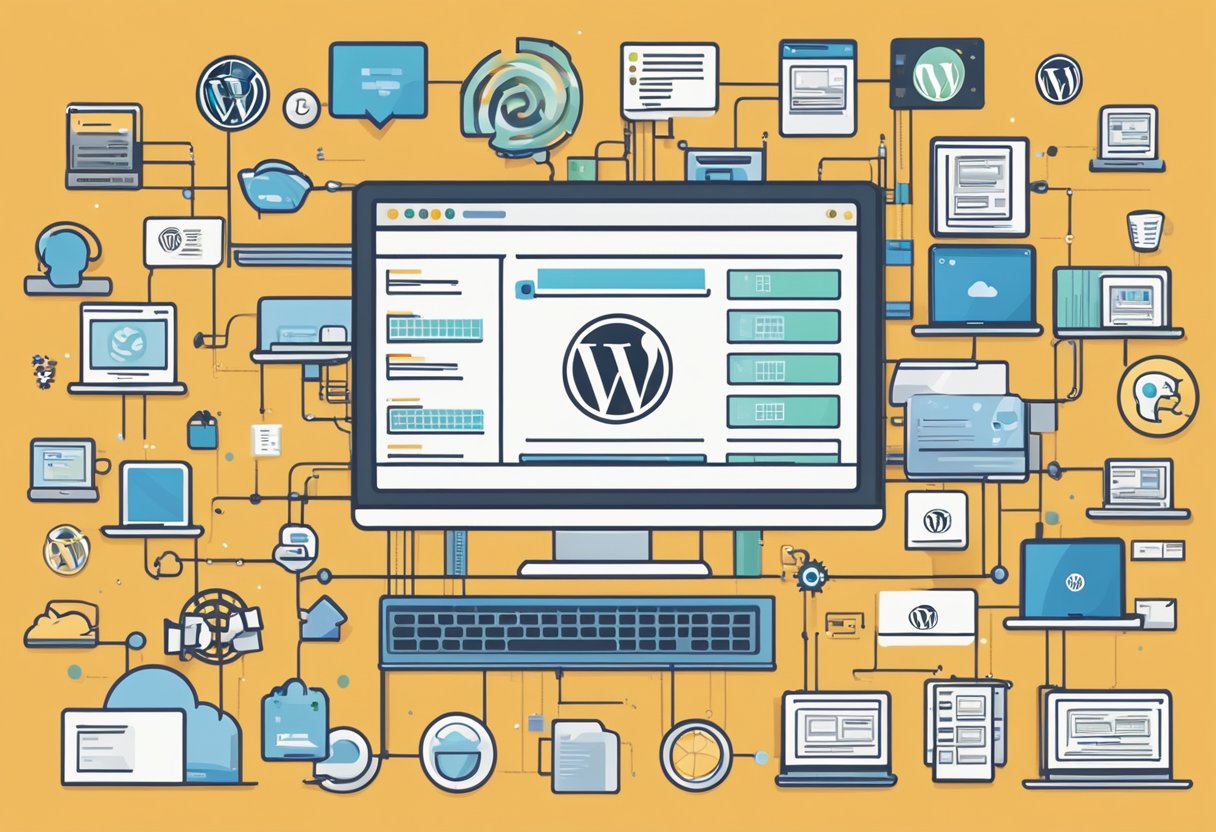 A computer screen with a WordPress website open, surrounded by icons of different web hosting providers