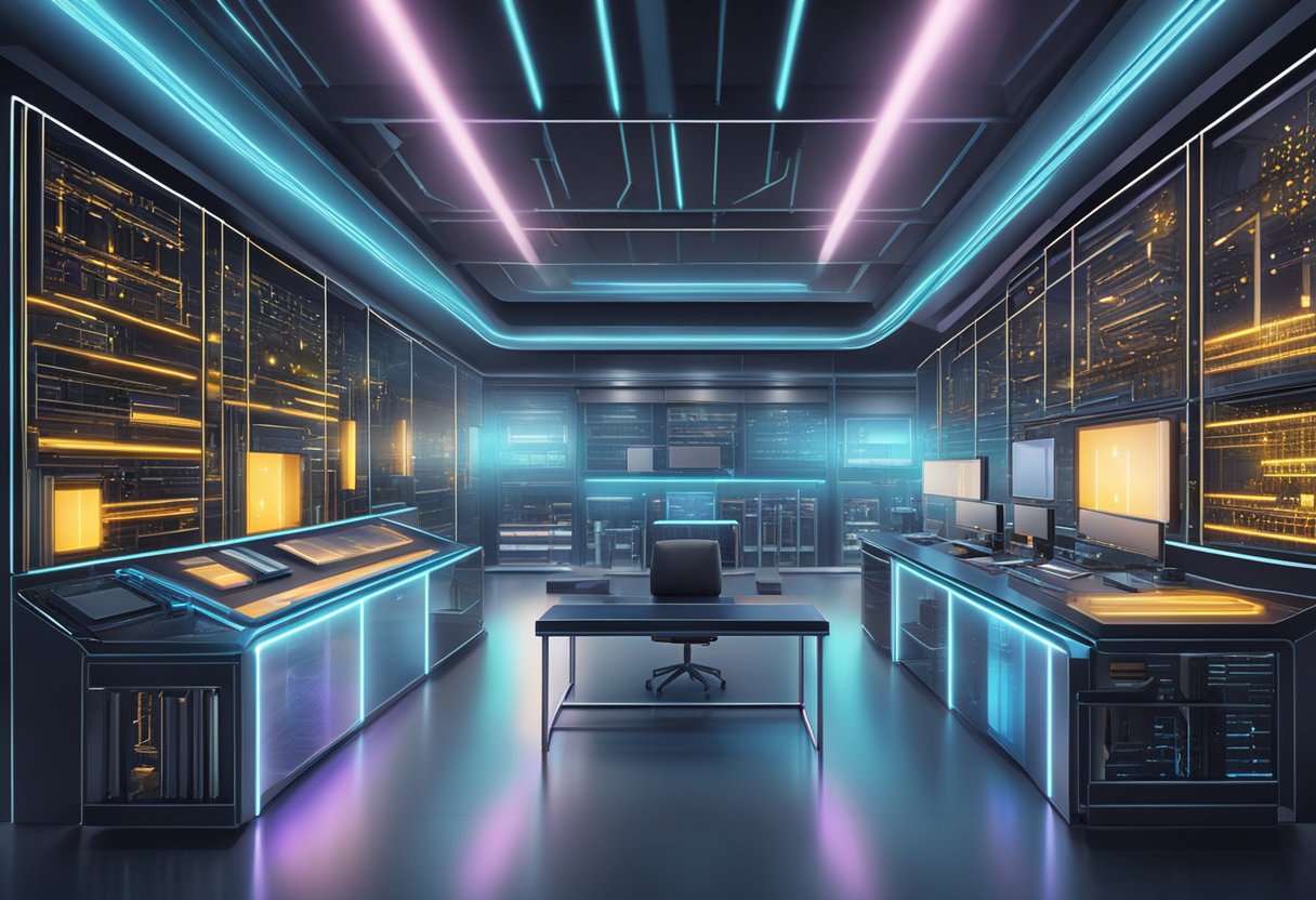 A sleek, futuristic laboratory with glowing quantum computers and intricate circuitry