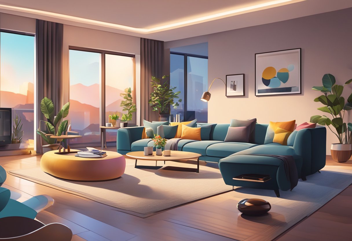 A modern living room with voice-controlled devices, automated lighting, and smart appliances