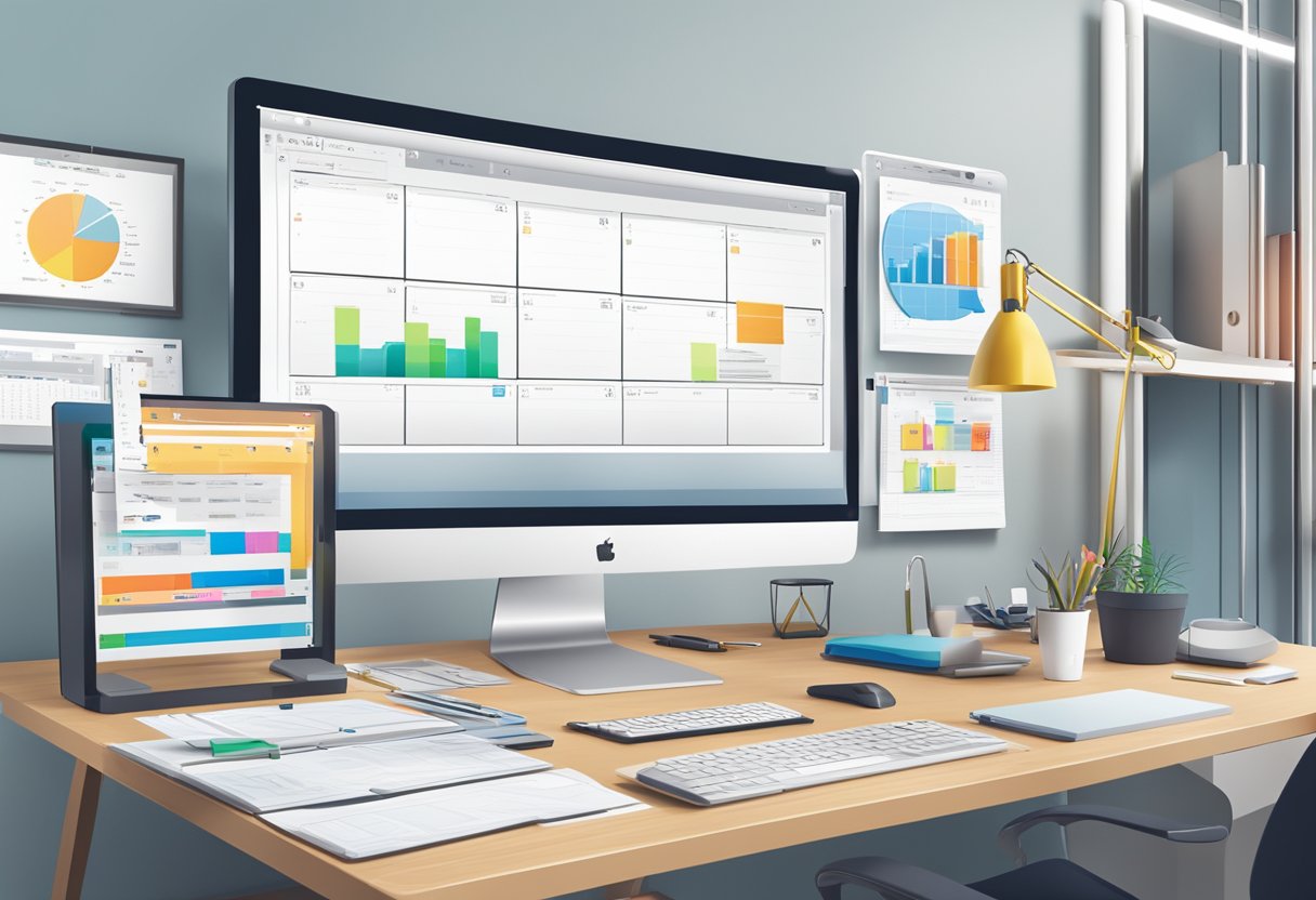 A modern office desk with a computer displaying various project management and workflow tools. Surrounding the desk are smart devices and a calendar with highlighted dates