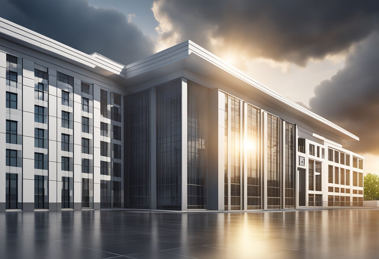 A stormy cloud hovers over a traditional office building, while a bright sun shines on a modern data center