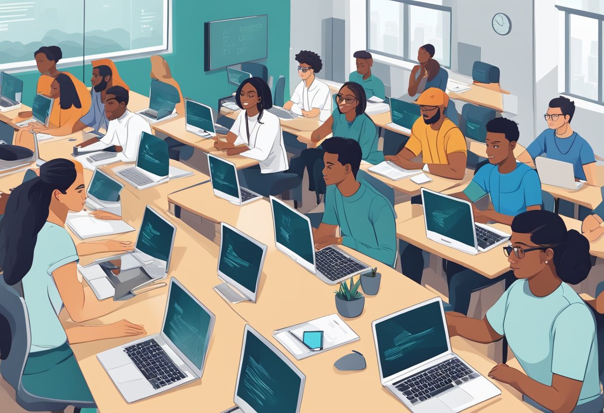 A group of diverse individuals sit at desks in a modern classroom, laptops open, engaged in coding activities. A whiteboard displays a list of top coding bootcamps