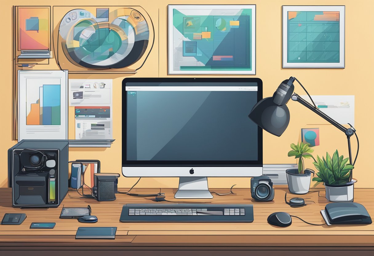 A desk with a computer, camera, microphone, and lighting setup. Posters of tech logos on the wall