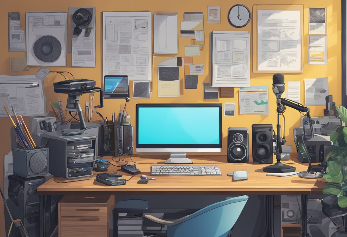 A cluttered desk with a computer, camera, microphone, and lighting setup. A backdrop with tech-related posters and equipment