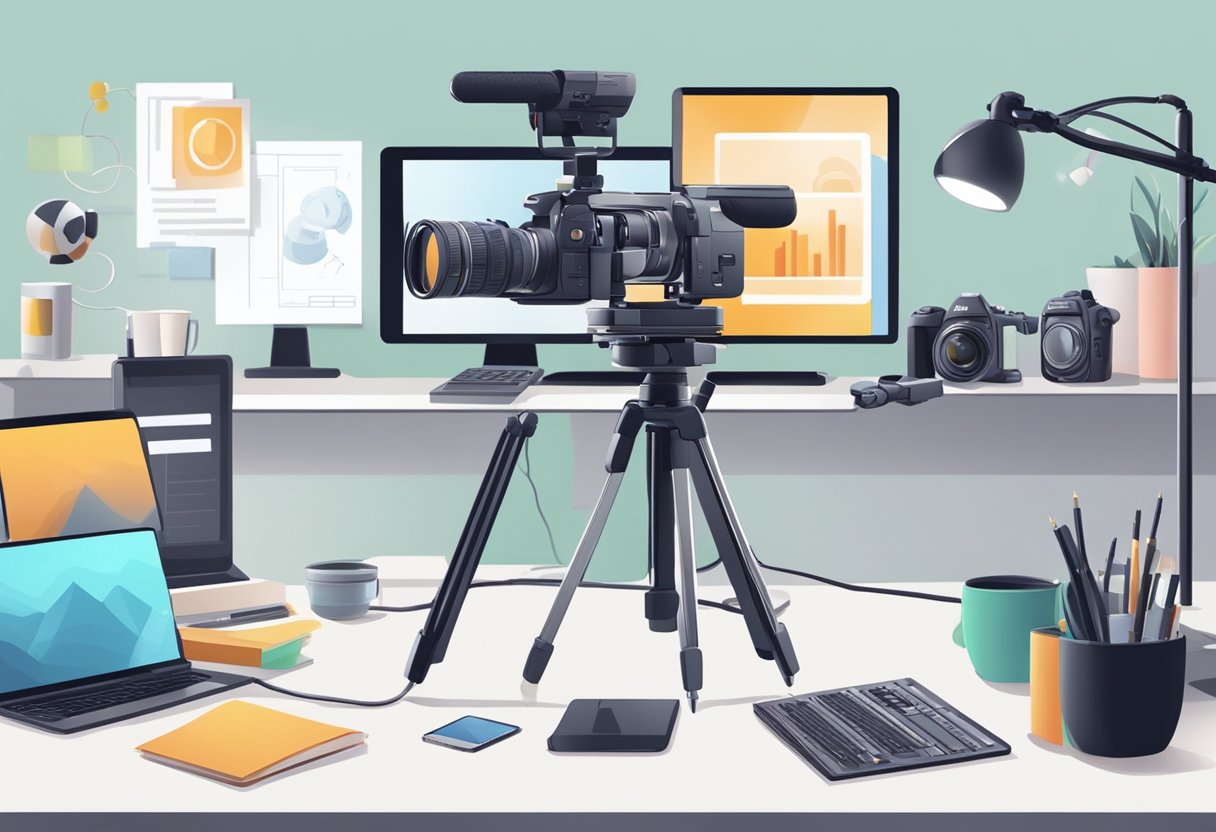 A person filming a tech tutorial with equipment and gadgets displayed on a desk