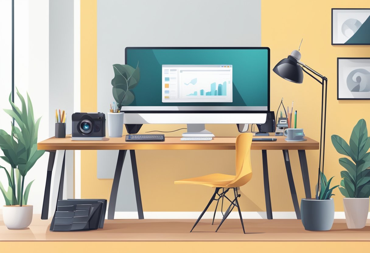 A sleek and modern desk setup with a high-quality camera, microphone, and computer equipment. Bright lighting and a clean, organized workspace