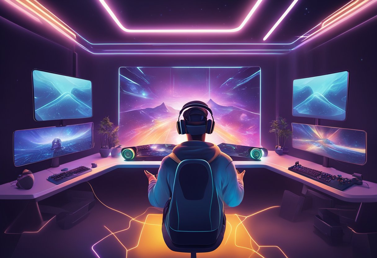 A gamer wearing headphones, immersed in gameplay with a controller in hand, surrounded by a futuristic and immersive virtual reality gaming environment