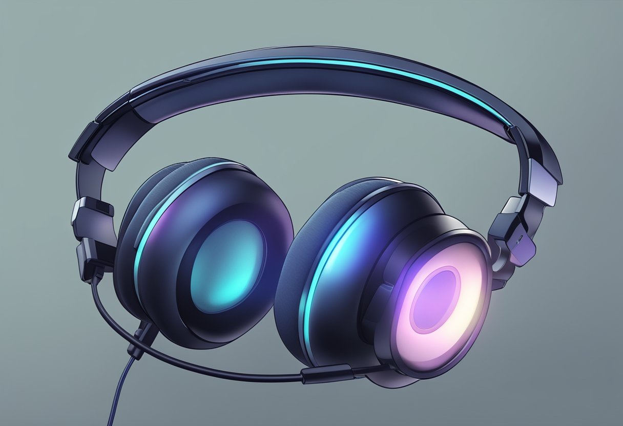 A pair of sleek, over-ear headphones with a built-in microphone and adjustable headband, illuminated by the soft glow of a computer screen