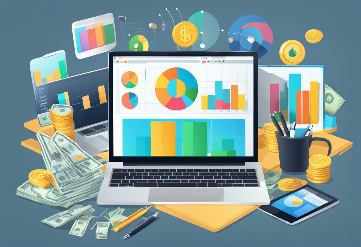 A laptop surrounded by various tech gadgets and tools, with a stack of money and a chart showing increasing profits