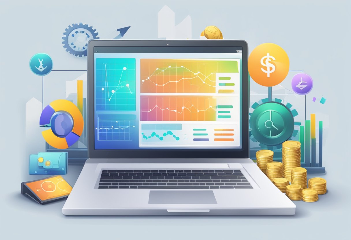 A laptop surrounded by various tech gadgets and money symbols, with a growing graph chart in the background