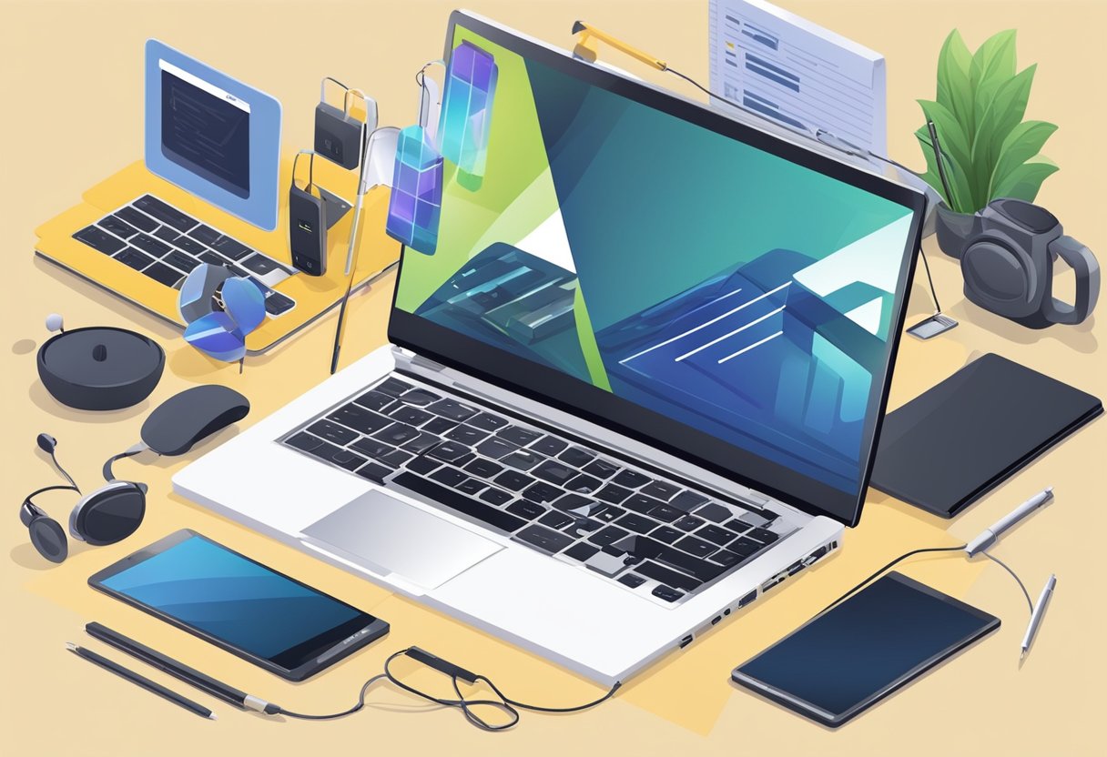 A laptop with a sleek design and a tech-themed background, surrounded by various gadgets and tools commonly used for blogging and content creation