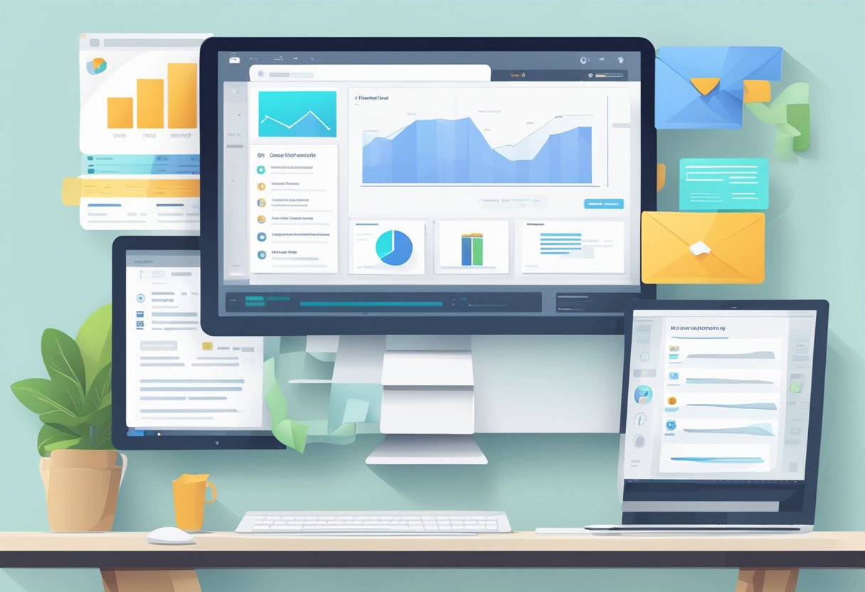 A computer screen showing a sleek and modern email marketing software interface with various tools and features displayed