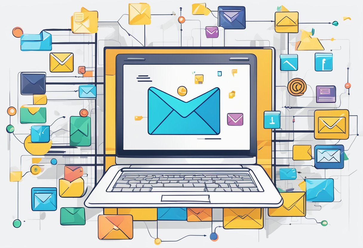 A computer screen displaying various icons representing different email marketing software, surrounded by interconnected lines and arrows