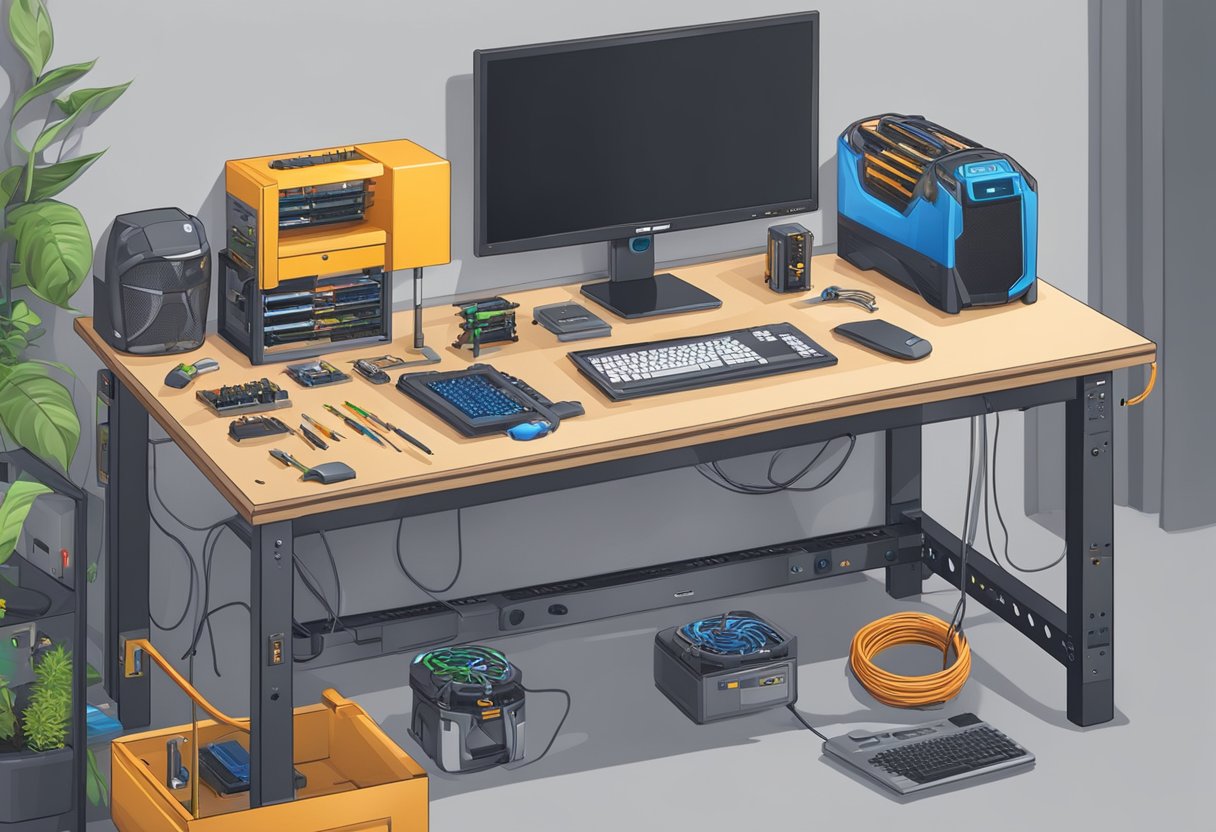 A workbench with PC components spread out, a screwdriver, and cables, with a monitor displaying a gaming PC build tutorial