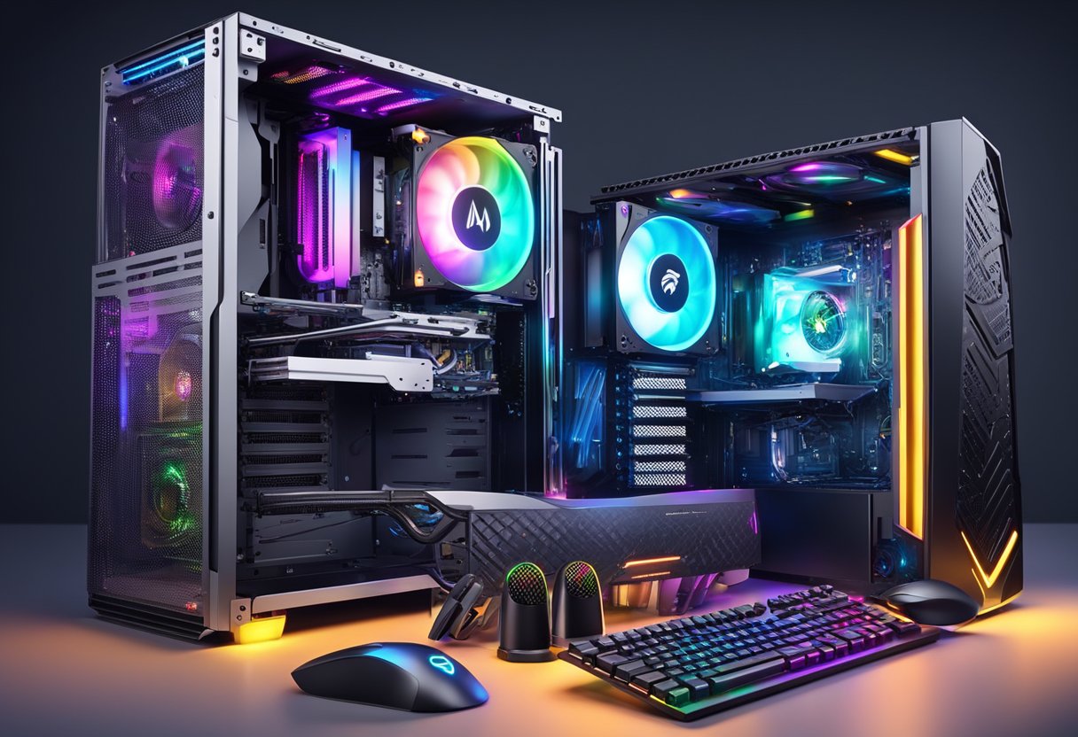 A gaming PC being assembled with various enhancements and accessories, such as a powerful graphics card, RGB lighting, and liquid cooling system