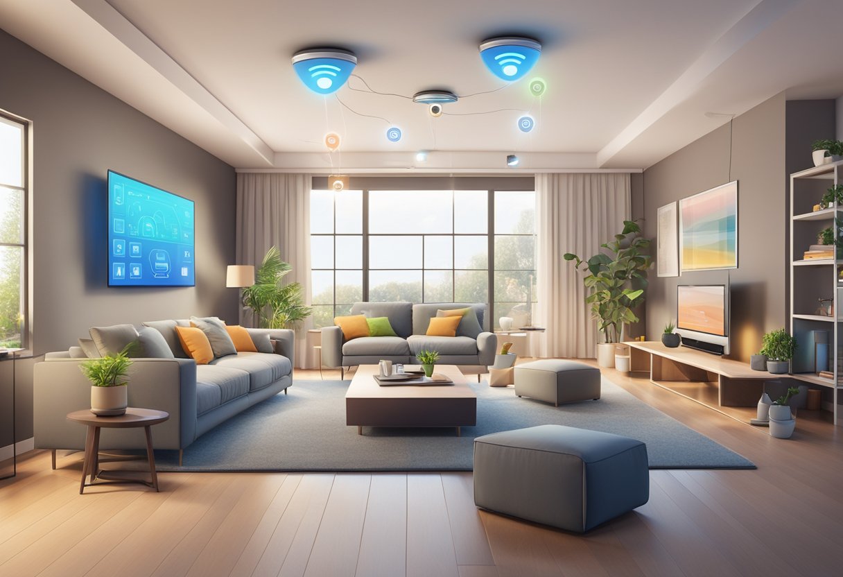 A modern living room with smart devices connected to a central hub. Lights, thermostat, and security cameras are controlled by a smartphone app