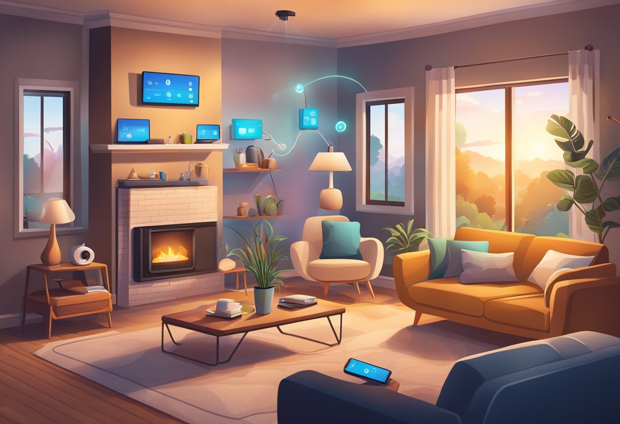 A cozy living room with various smart devices connected to a central hub, including lights, thermostat, security camera, and voice-activated assistant