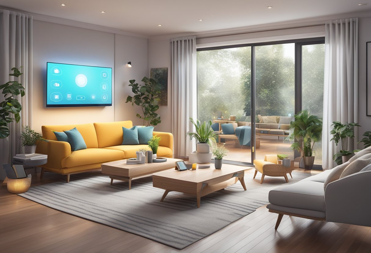 A modern living room with voice-activated devices, smart lights, and a central hub connecting various appliances and security systems