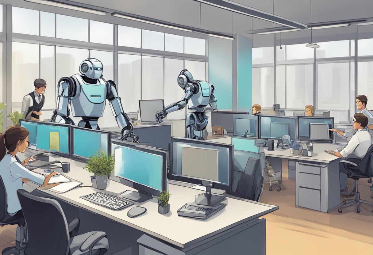 An office setting with a robot and human workers, showing the robot assisting with tasks while the workers observe with curiosity and concern