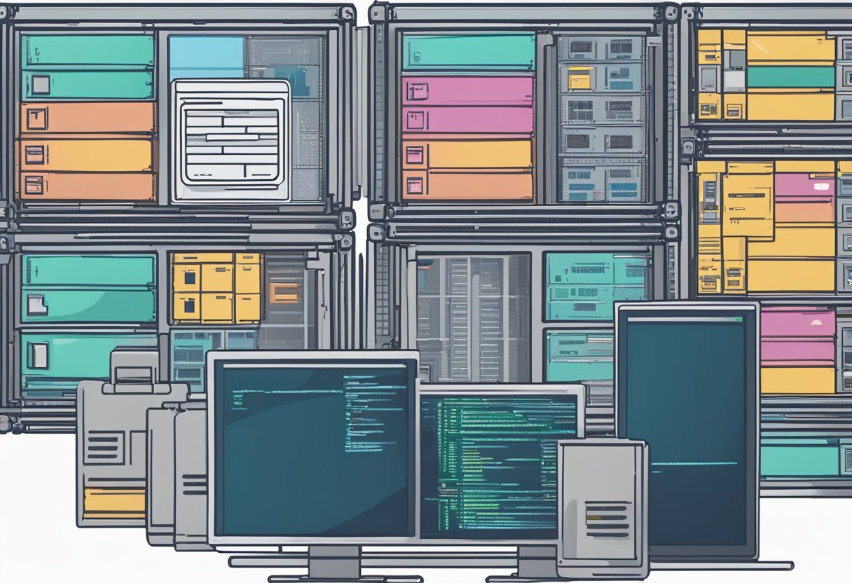 A computer screen displaying Docker containers running web development environments, with code and terminal windows open