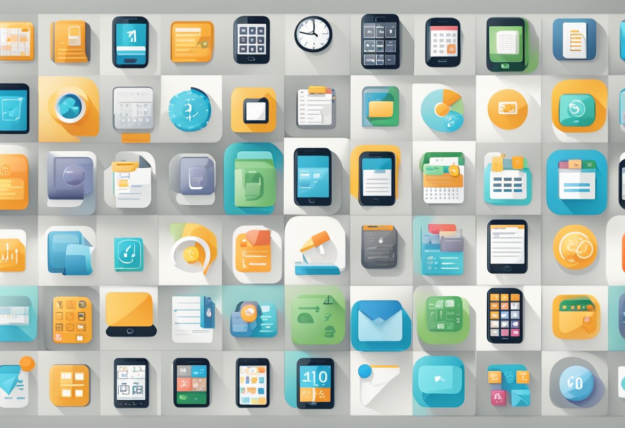 A smartphone screen displaying 10 app icons related to productivity, such as calendars, note-taking, and task management, arranged neatly in a grid