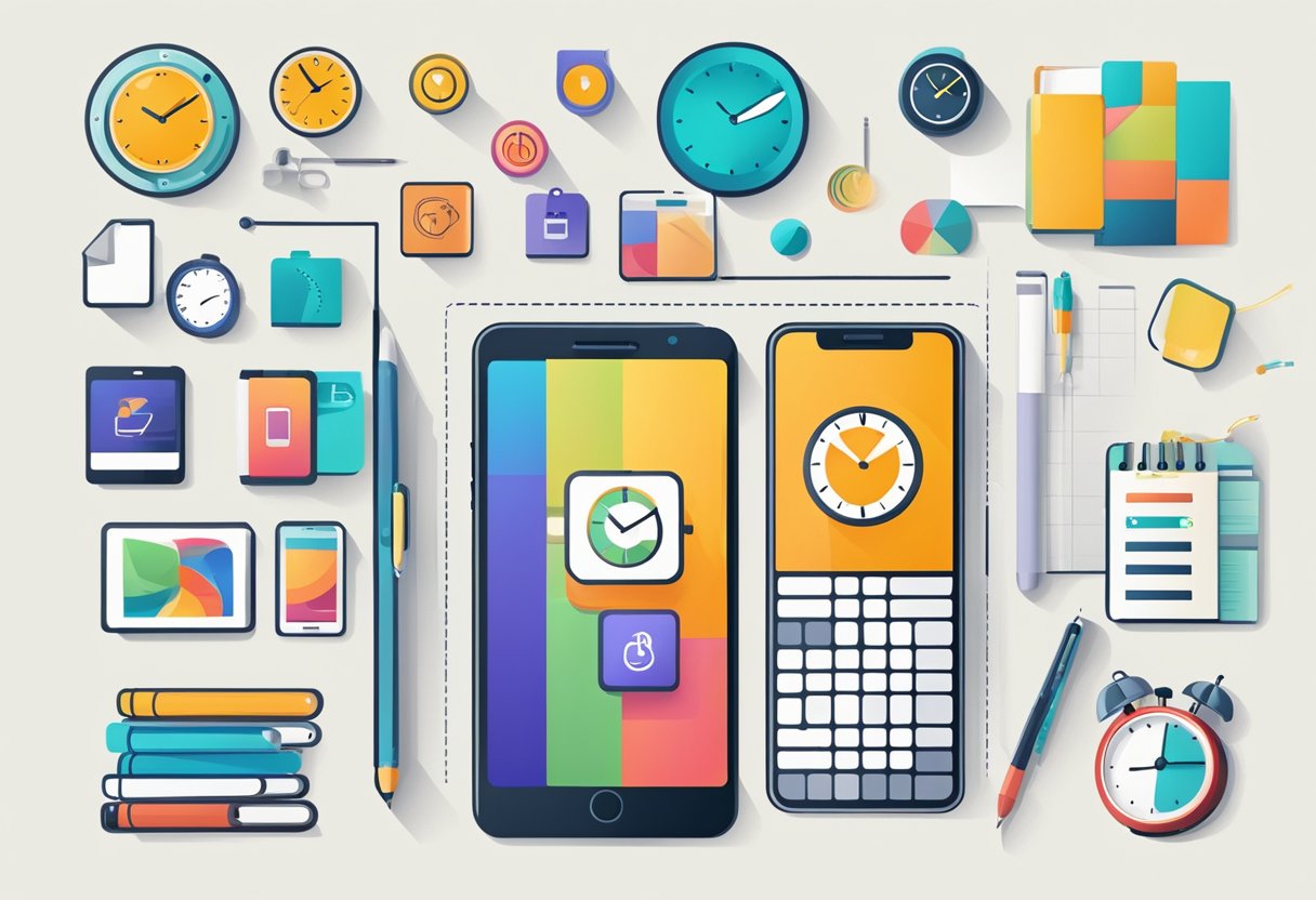 A smartphone screen displays 10 app icons for productivity, surrounded by office supplies and a clock, symbolizing advanced productivity techniques