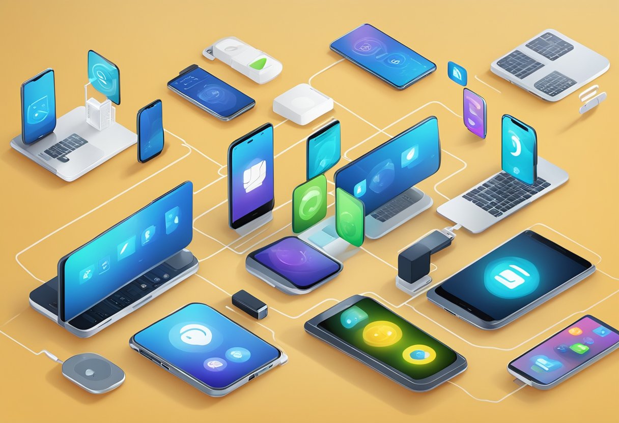 A table with various smartphones and icons representing different connectivity options such as WiFi, Bluetooth, NFC, and 5G