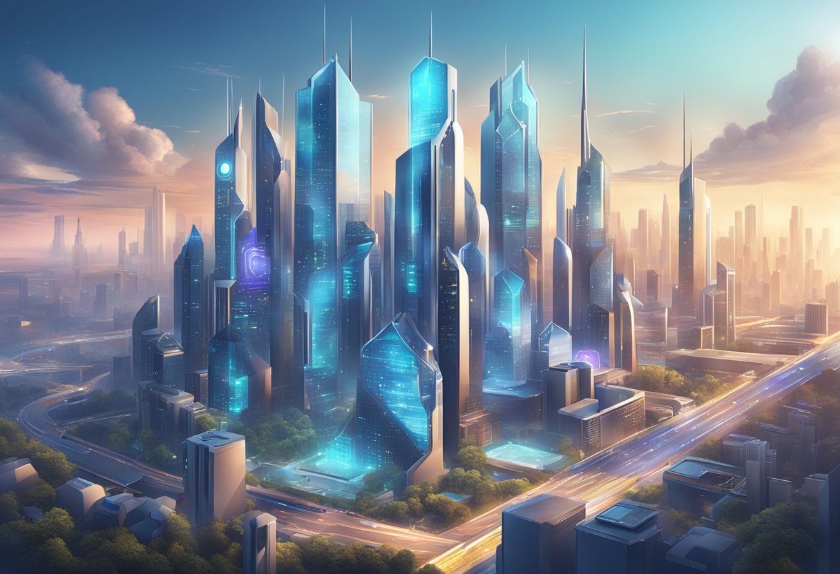 A futuristic city skyline with digital shields and locks protecting buildings and data centers